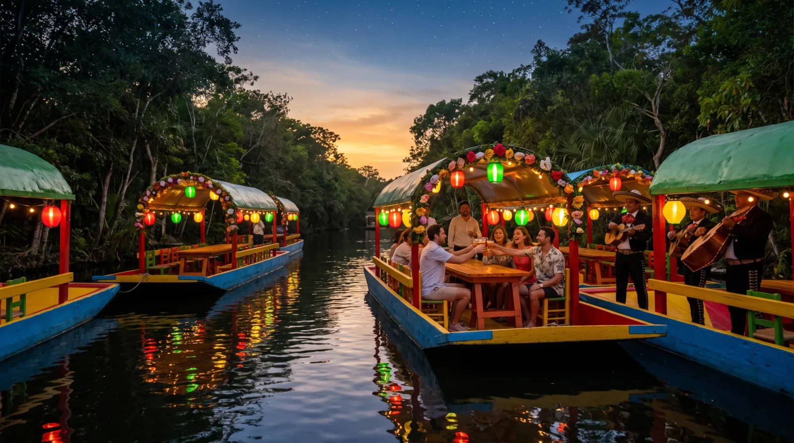 Trajineras coloridas navegando de noche entre farolillos, con músicos de mariachi a bordo